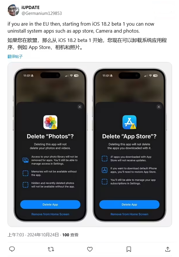 鹤庆苹果手机维修分享iOS 18.2 支持删除 App Store 应用商店 