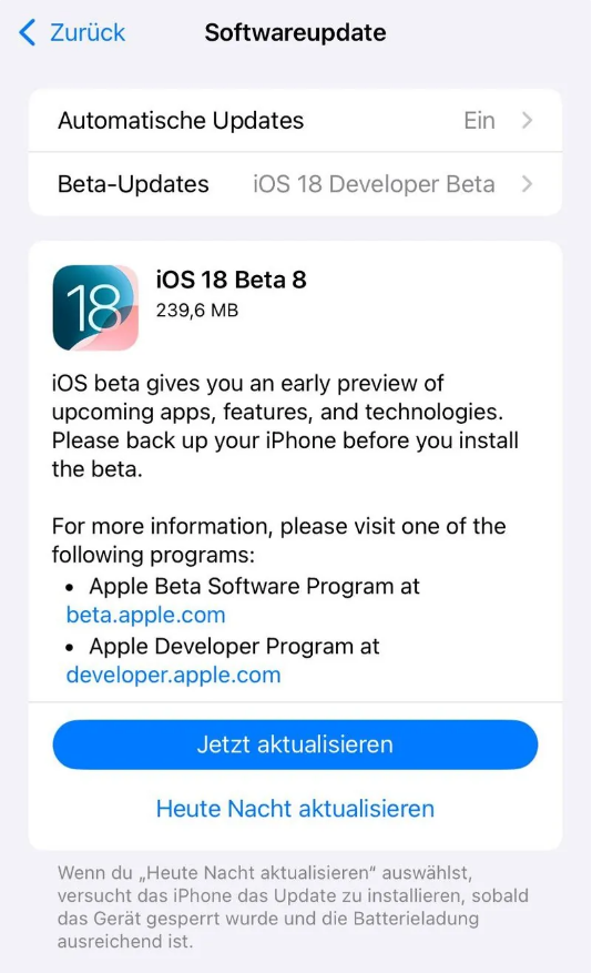 鹤庆苹果手机维修分享苹果 iOS / iPadOS 18 开发者预览版 Beta 8 发布 